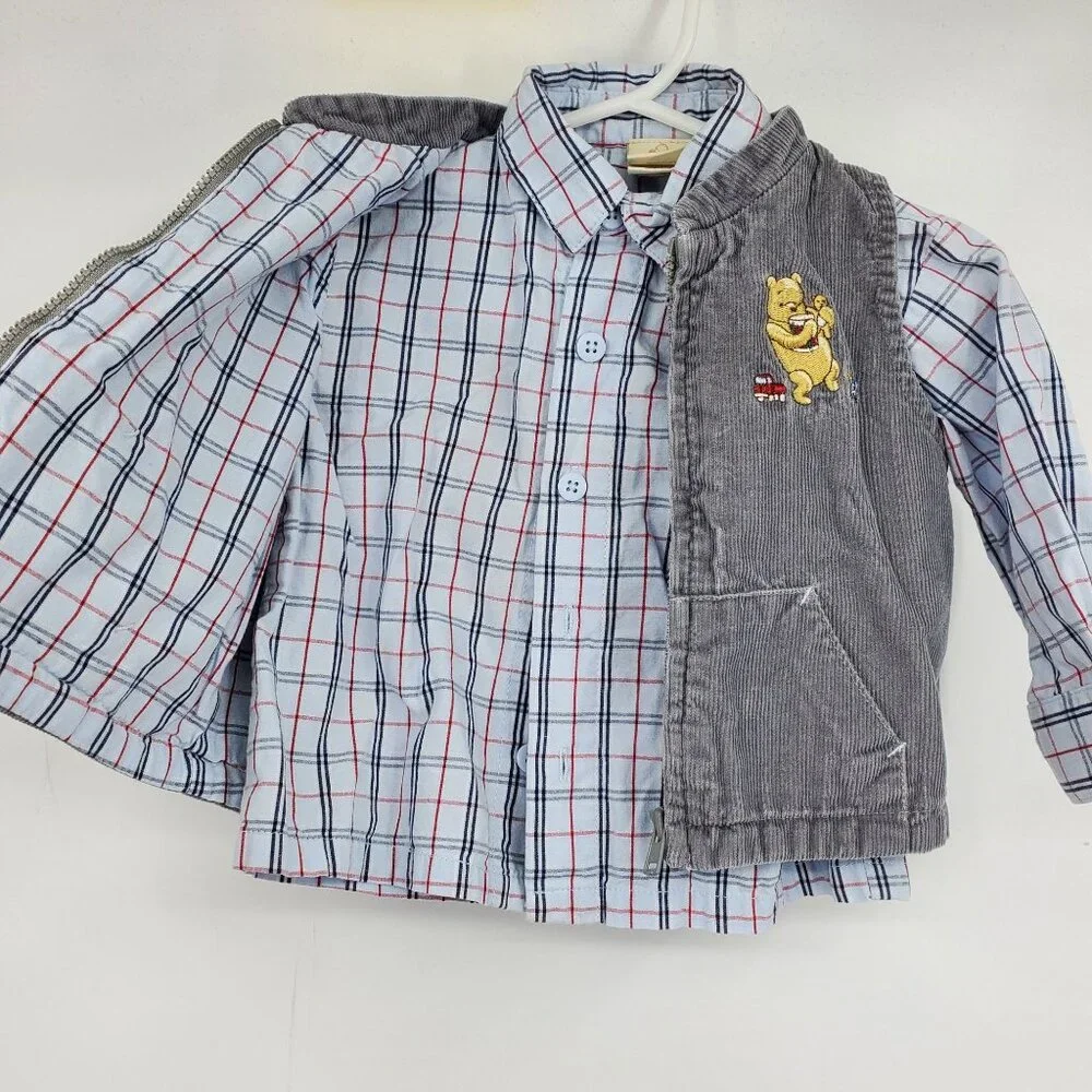 Disney Classic Pooh Plaid Button Down Shirt and Corduroy Vest‎ Size 9 Month